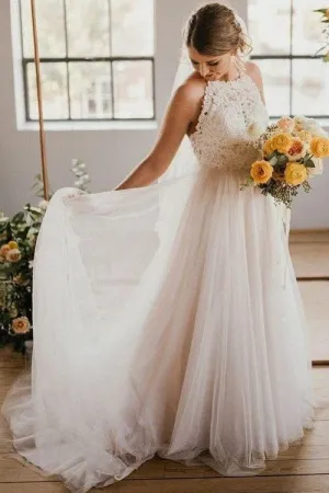 A-line Lace Tulle Beach Bridal Dresses with Halter Neckline