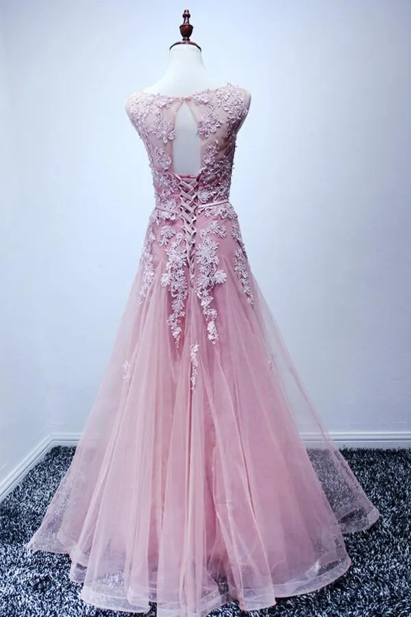 A-line Scoop Floor-length Pink Tulle Open Back Prom Dress With Appliques TP0003