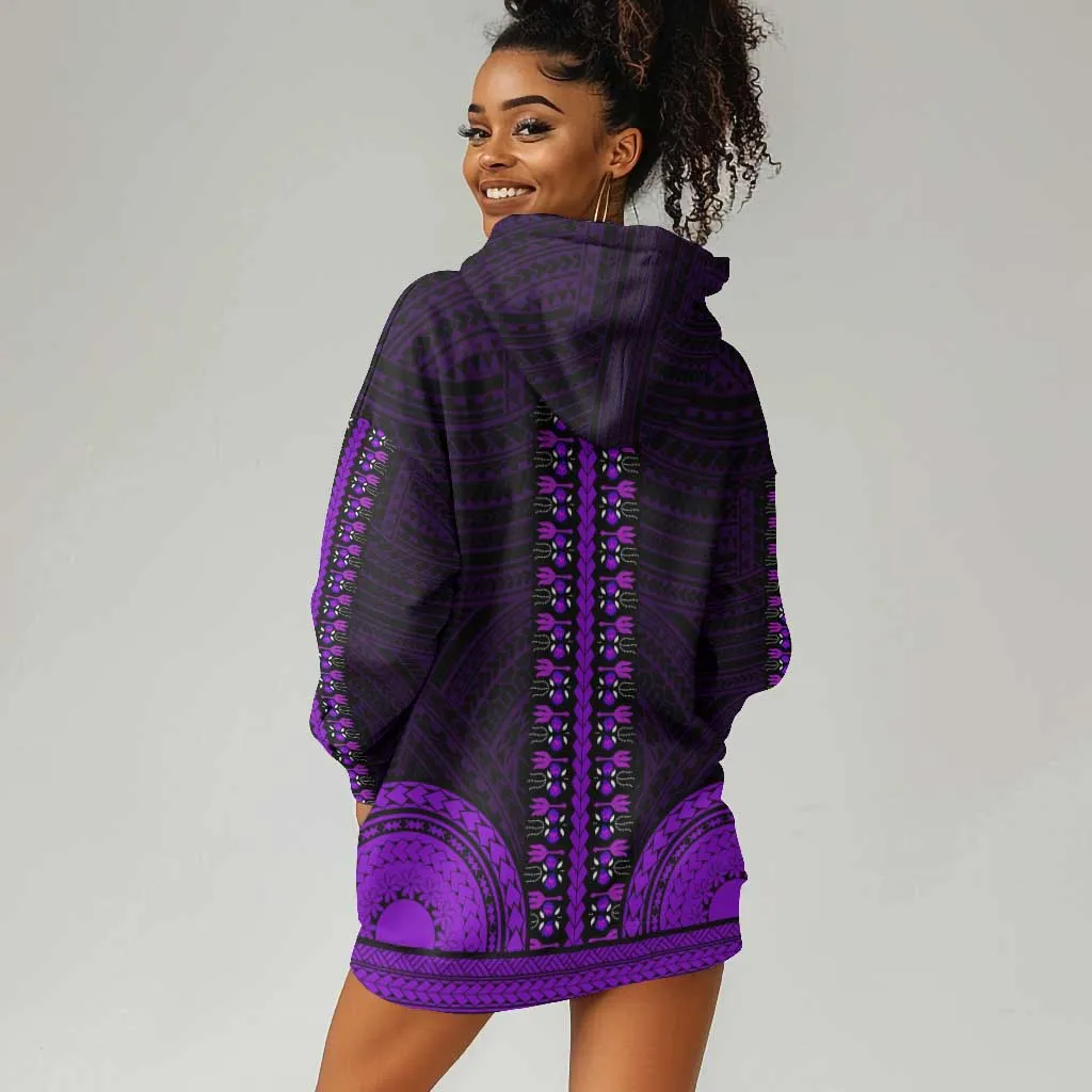 African Dashiki and Polynesian Pattern Hoodie Dress Purple LT9