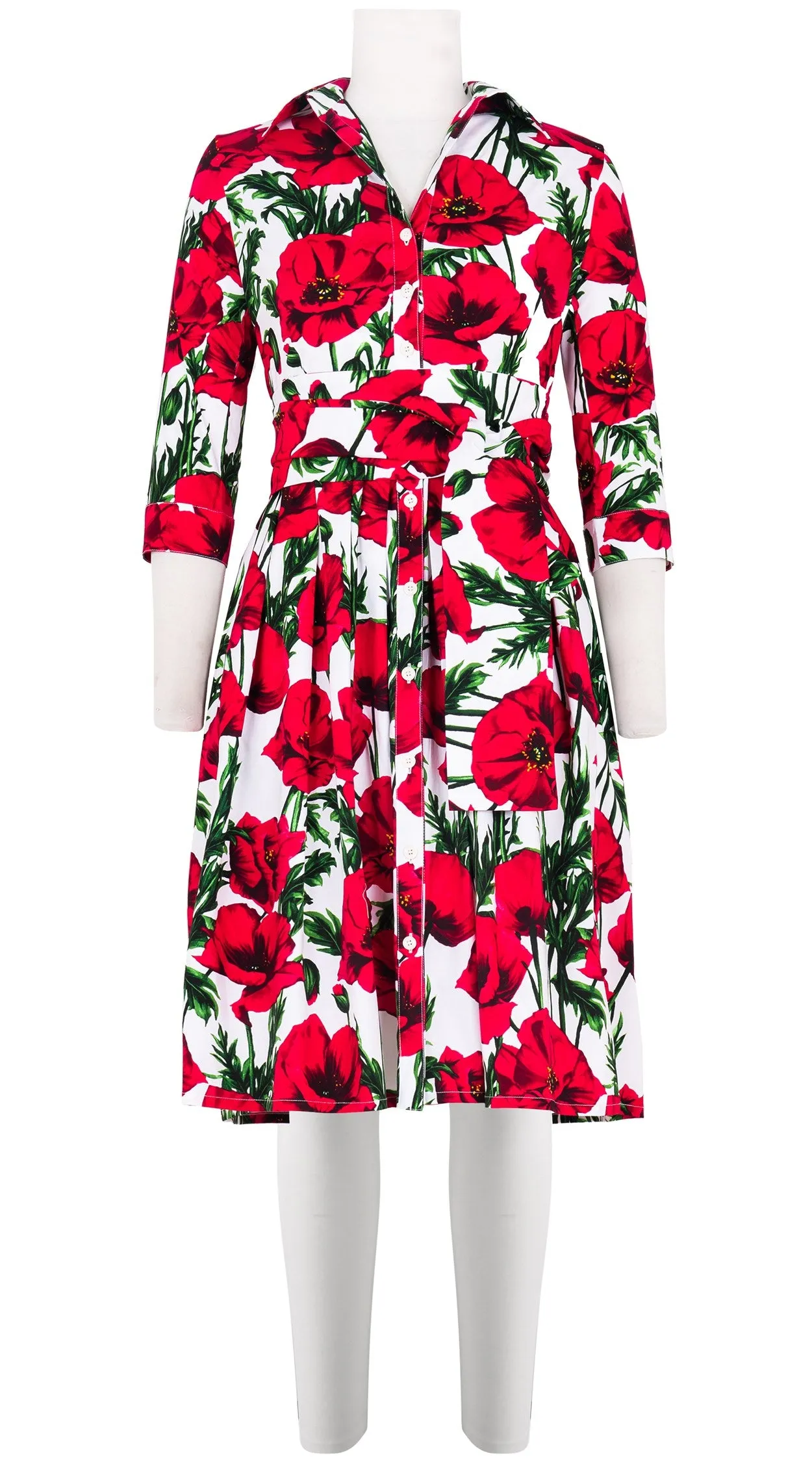 Audrey Dress #1 Shirt Collar 3/4 Sleeve Cotton Stretch (Poppy Poland Small)