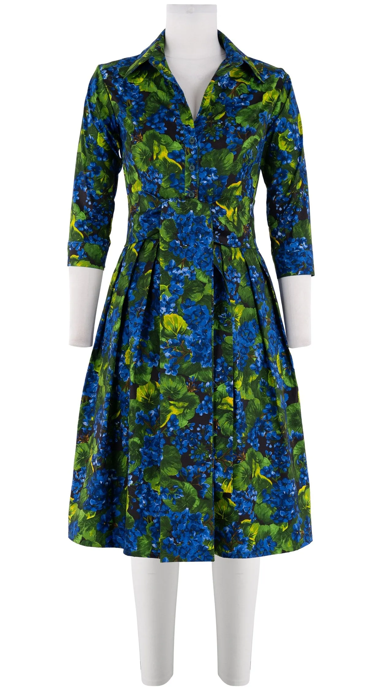 Audrey Dress #1 Shirt Collar 3/4 Sleeve Cotton Stretch (Rockcress Flower Black)