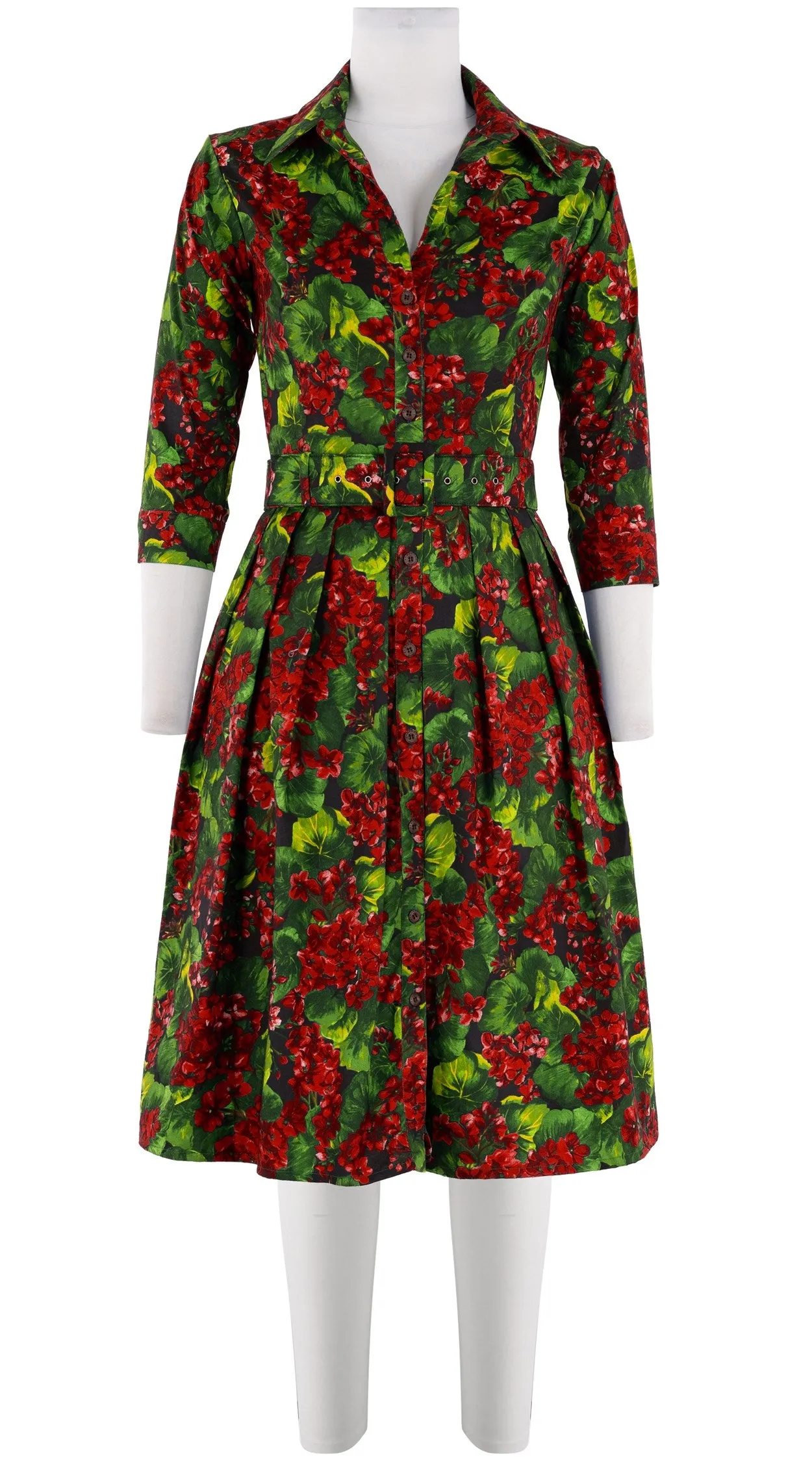 Audrey Dress #1 Shirt Collar 3/4 Sleeve Cotton Stretch (Rockcress Flower Black)