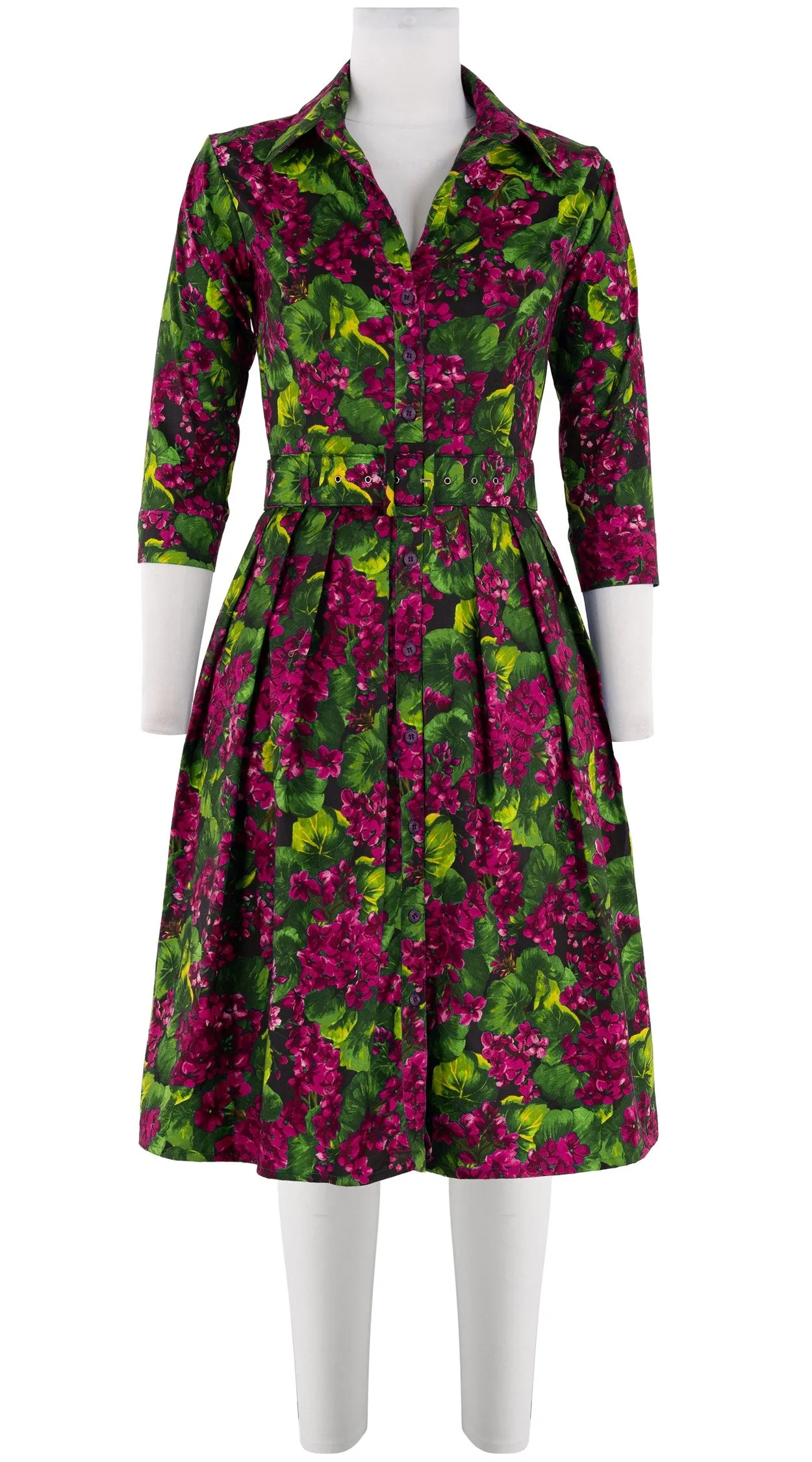 Audrey Dress #1 Shirt Collar 3/4 Sleeve Cotton Stretch (Rockcress Flower Black)