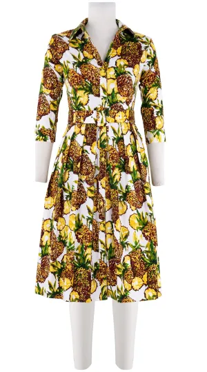 Audrey Dress #1 Shirt Collar 3/4 Sleeve Long Length Cotton Stretch (Pineapple Tree Small)