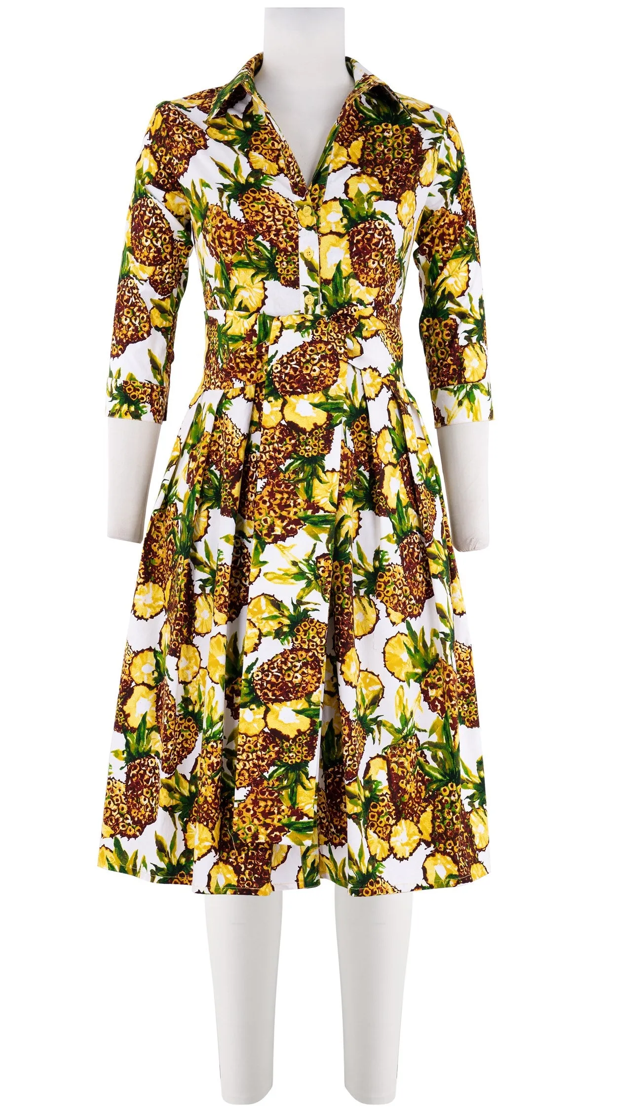 Audrey Dress #1 Shirt Collar 3/4 Sleeve Long Length Cotton Stretch (Pineapple Tree Small)