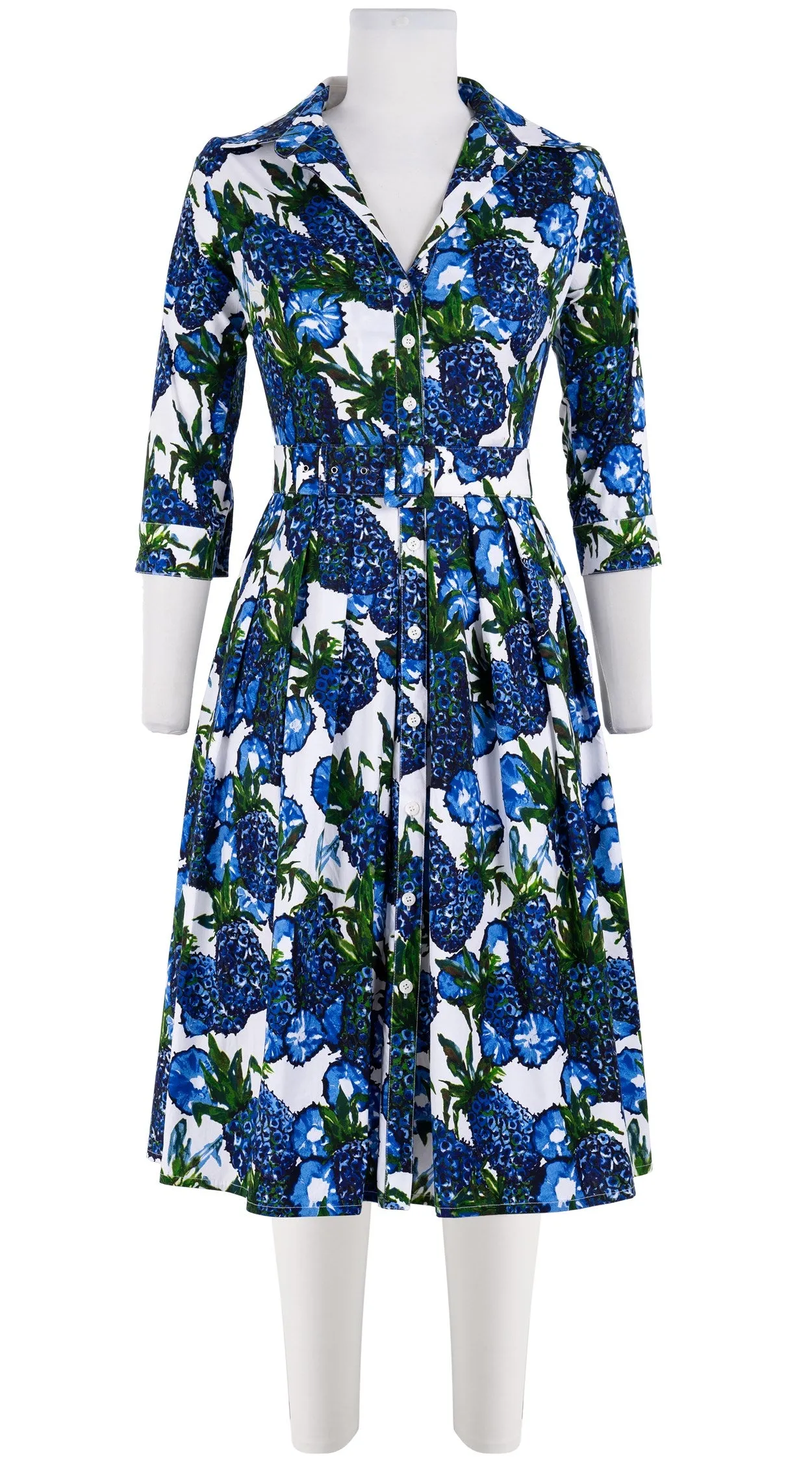 Audrey Dress #1 Shirt Collar 3/4 Sleeve Long Length Cotton Stretch (Pineapple Tree Small)