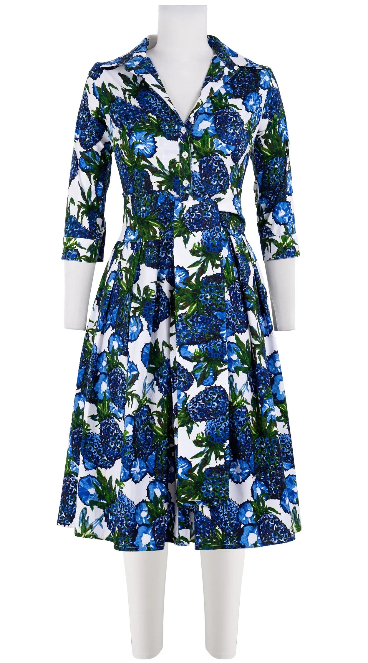 Audrey Dress #1 Shirt Collar 3/4 Sleeve Long Length Cotton Stretch (Pineapple Tree Small)