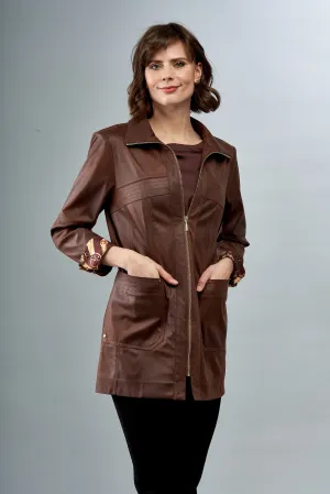 BCJ1287 Long Zip Up Faux Vegan Leather Jacket with Patch Pockets