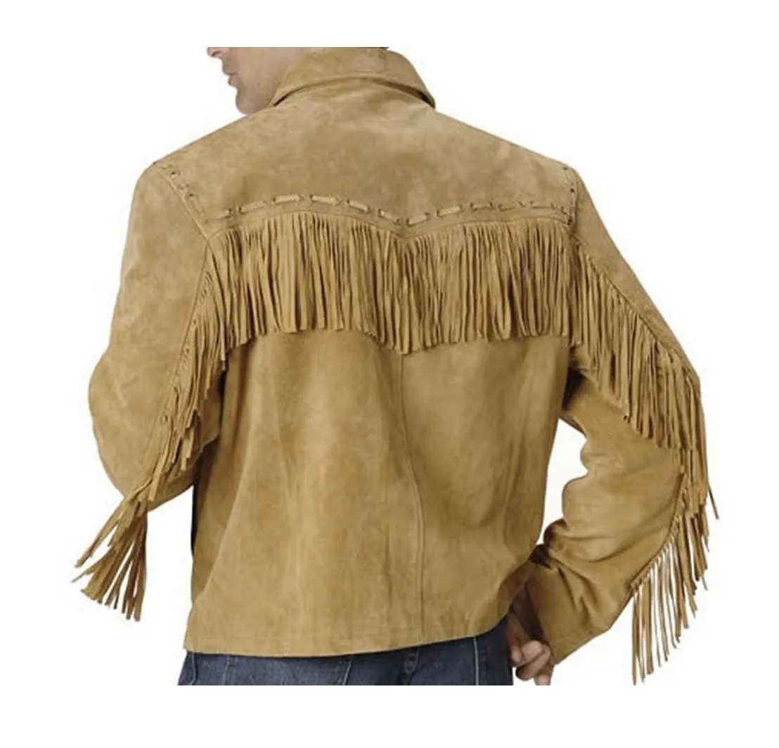 Beige Suede Leather Fringe Jacket for Western Cowboy Mens NFJ504
