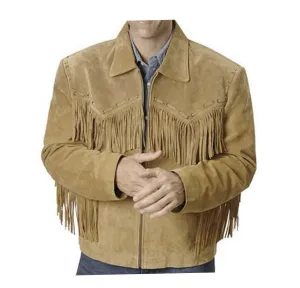 Beige Suede Leather Fringe Jacket for Western Cowboy Mens NFJ504