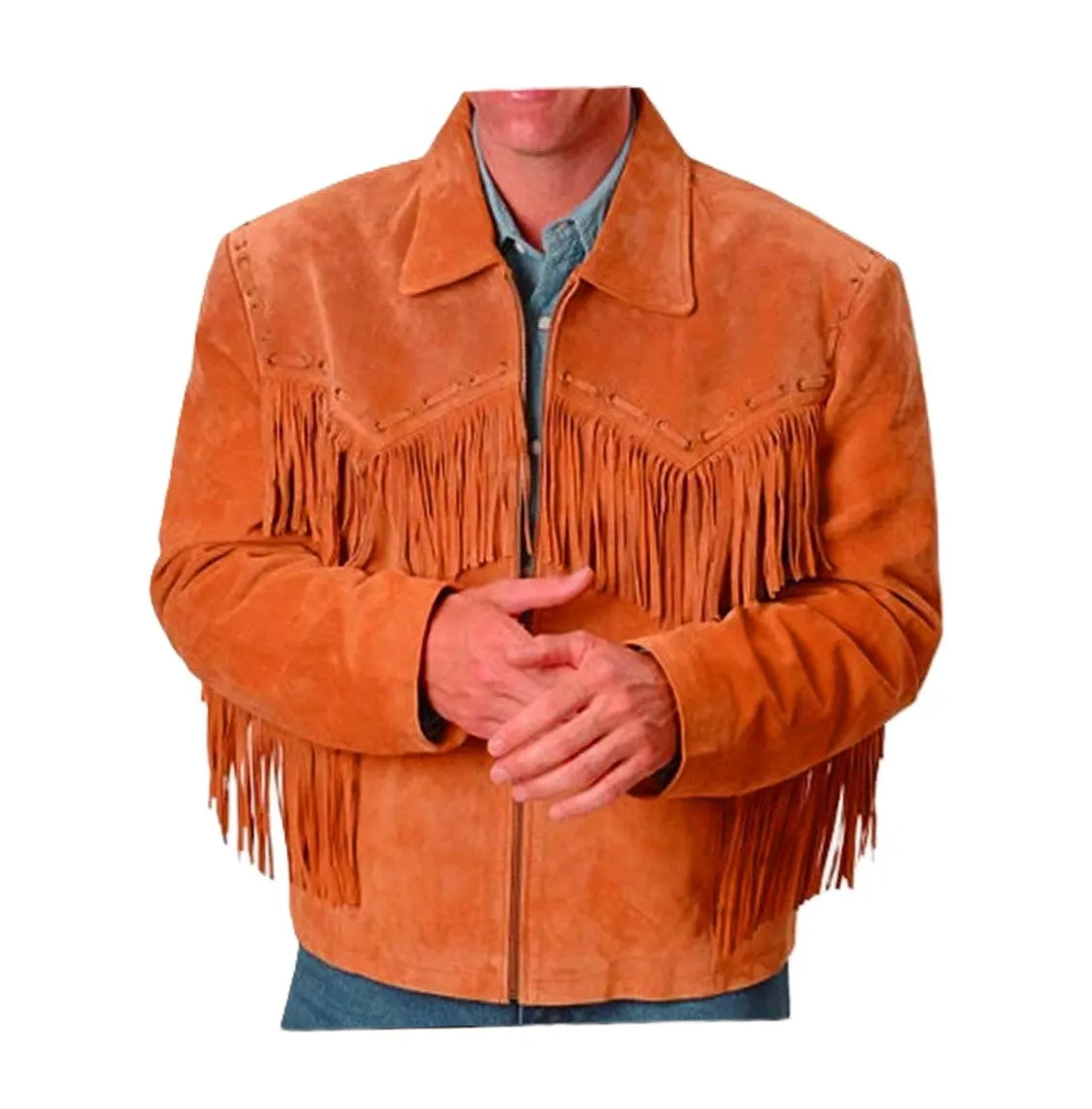 Beige Suede Leather Fringe Jacket for Western Cowboy Mens NFJ504