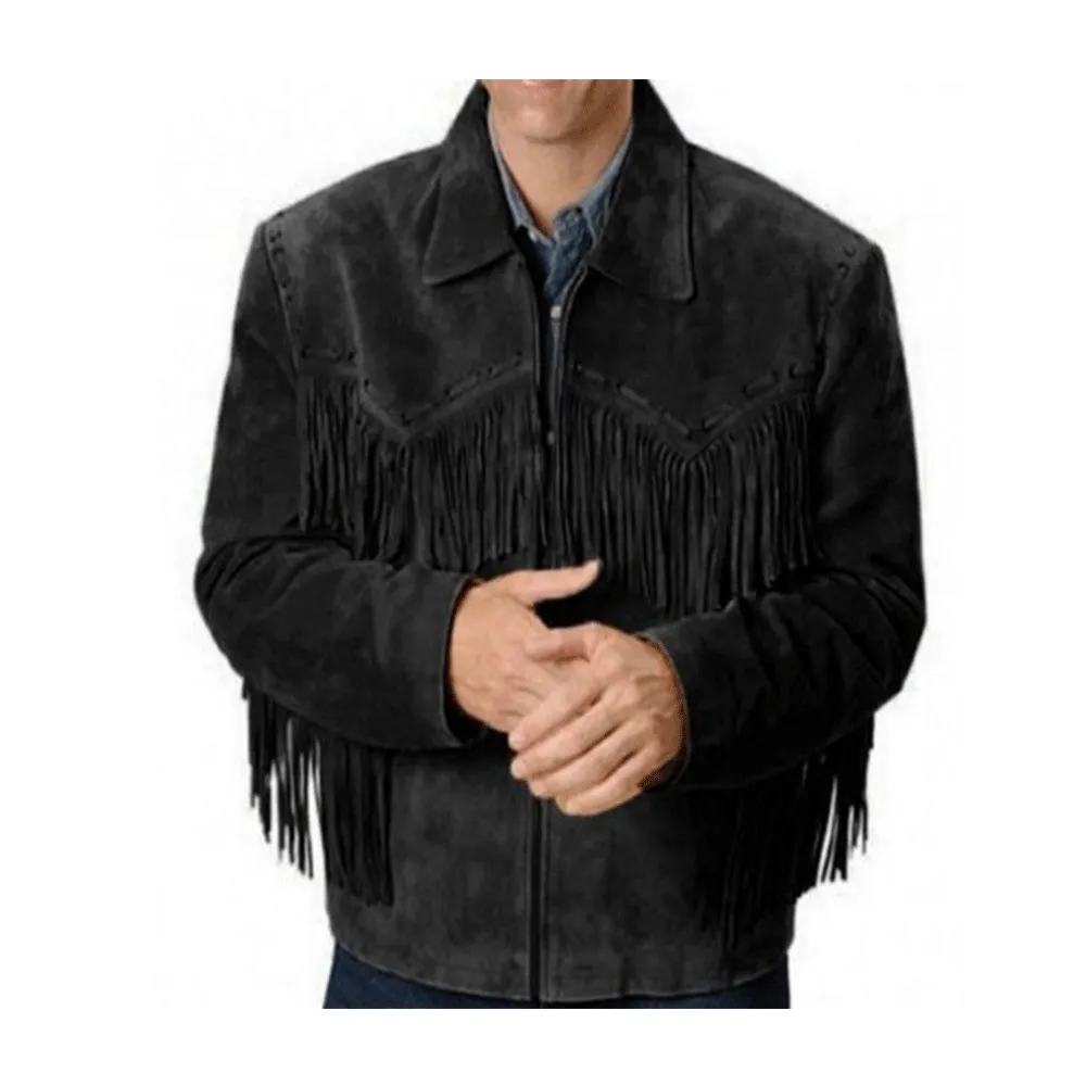 Beige Suede Leather Fringe Jacket for Western Cowboy Mens NFJ504