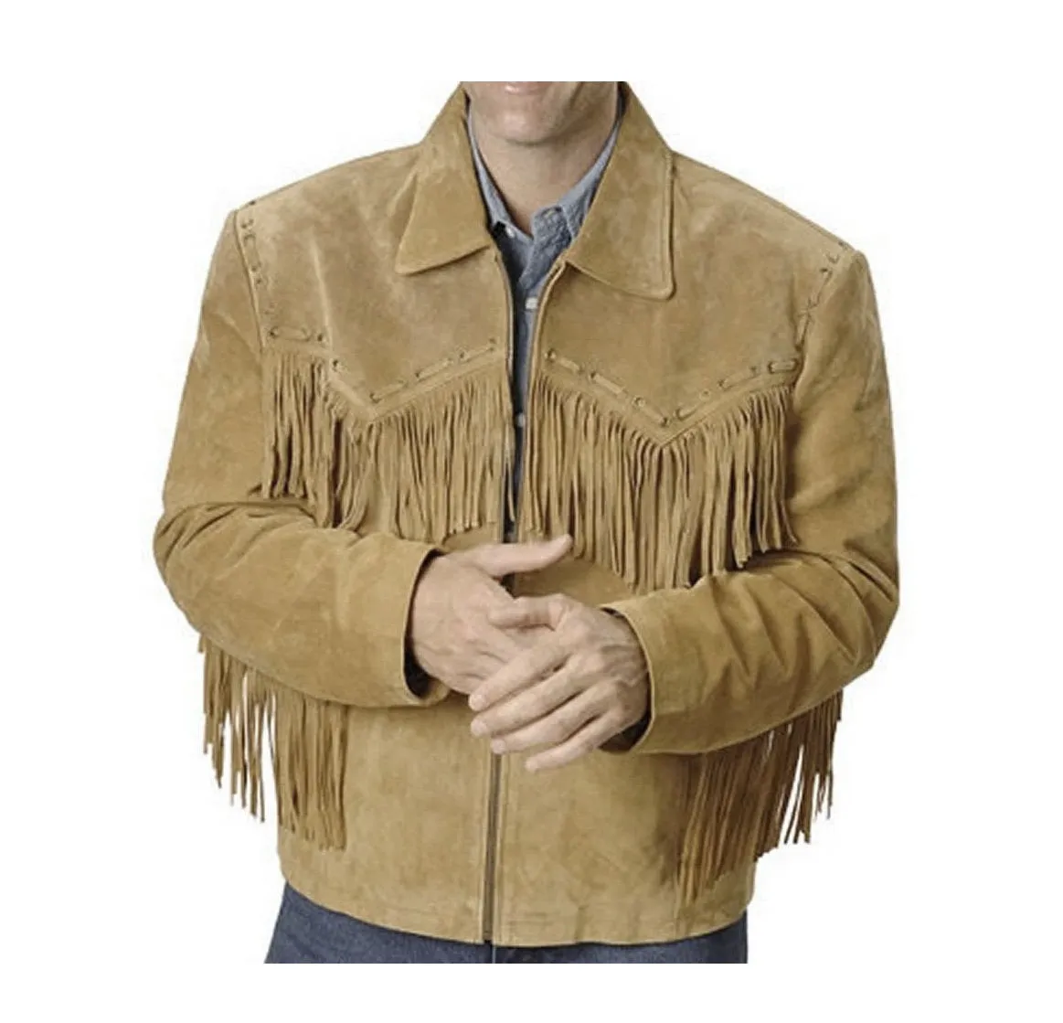 Beige Suede Leather Fringe Jacket for Western Cowboy Mens NFJ504