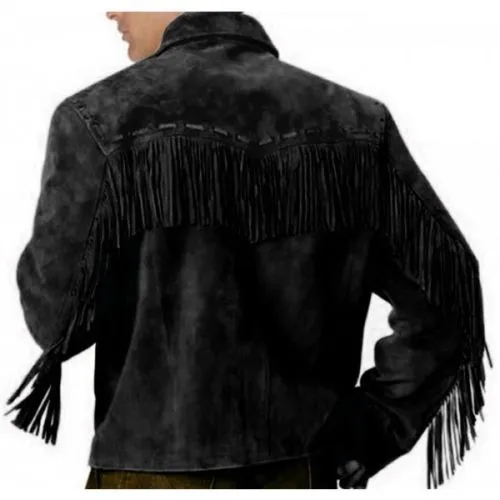 Beige Suede Leather Fringe Jacket for Western Cowboy Mens NFJ504