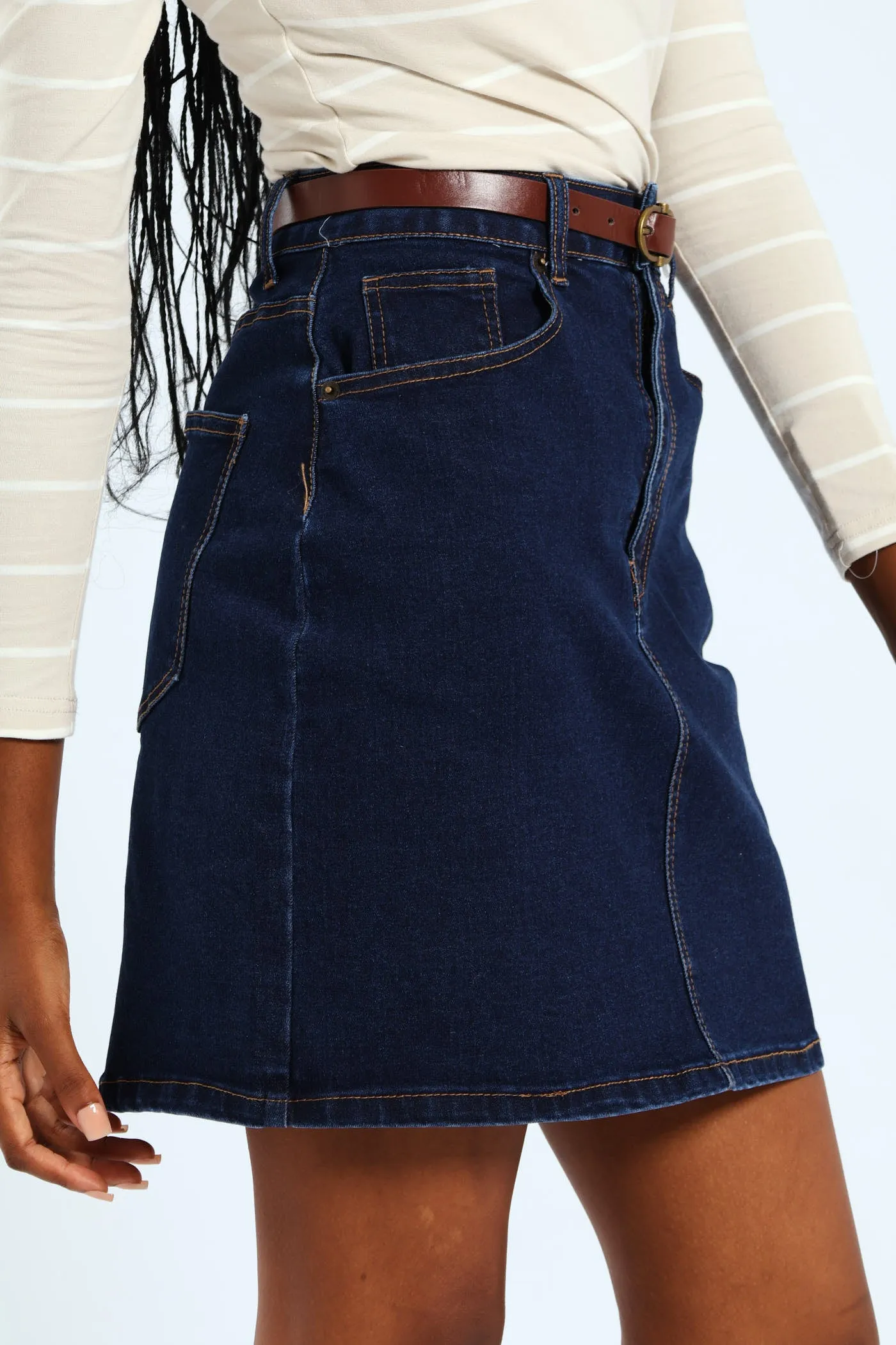Belted Denim Mini Skirt - Dark Wash