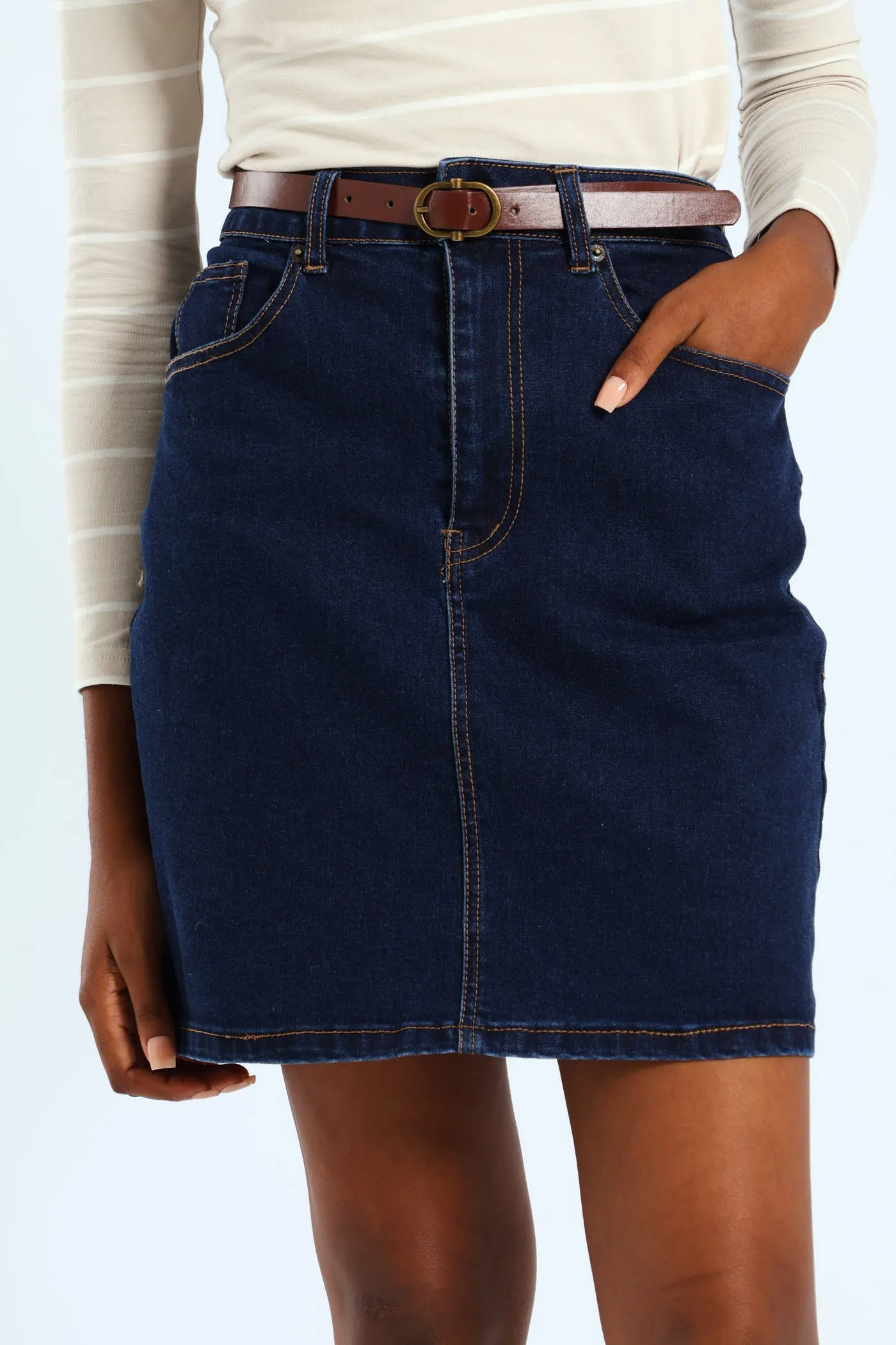 Belted Denim Mini Skirt - Dark Wash
