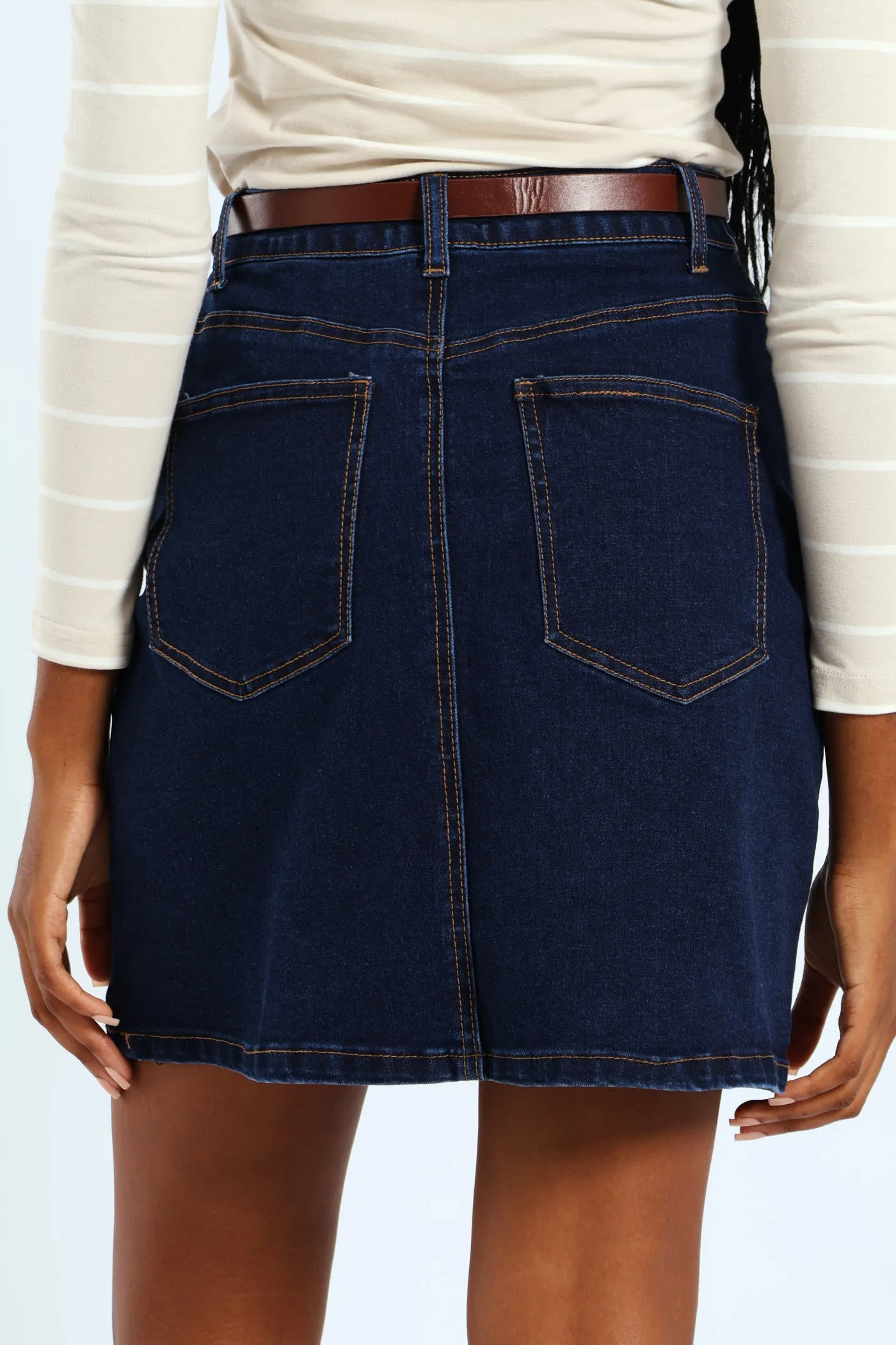 Belted Denim Mini Skirt - Dark Wash