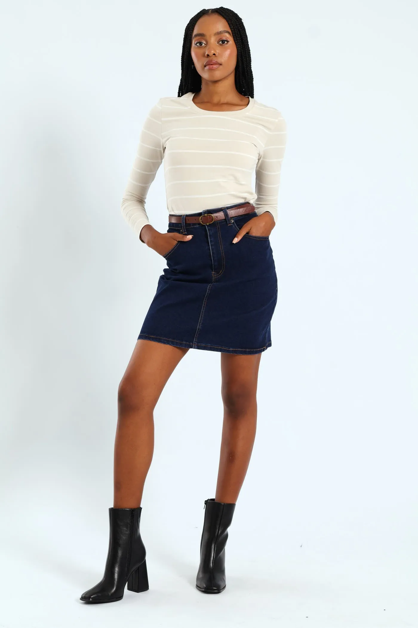 Belted Denim Mini Skirt - Dark Wash