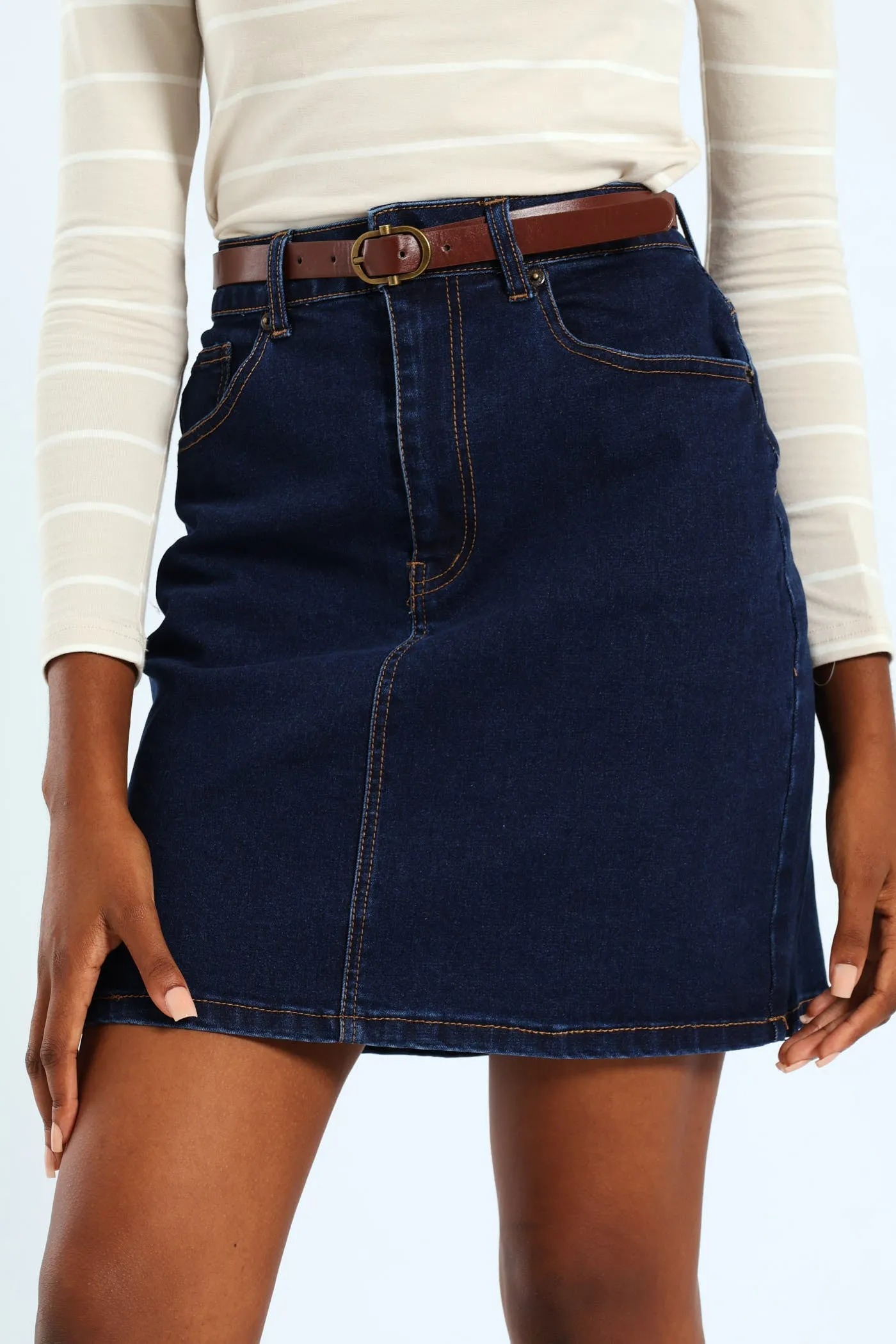 Belted Denim Mini Skirt - Dark Wash