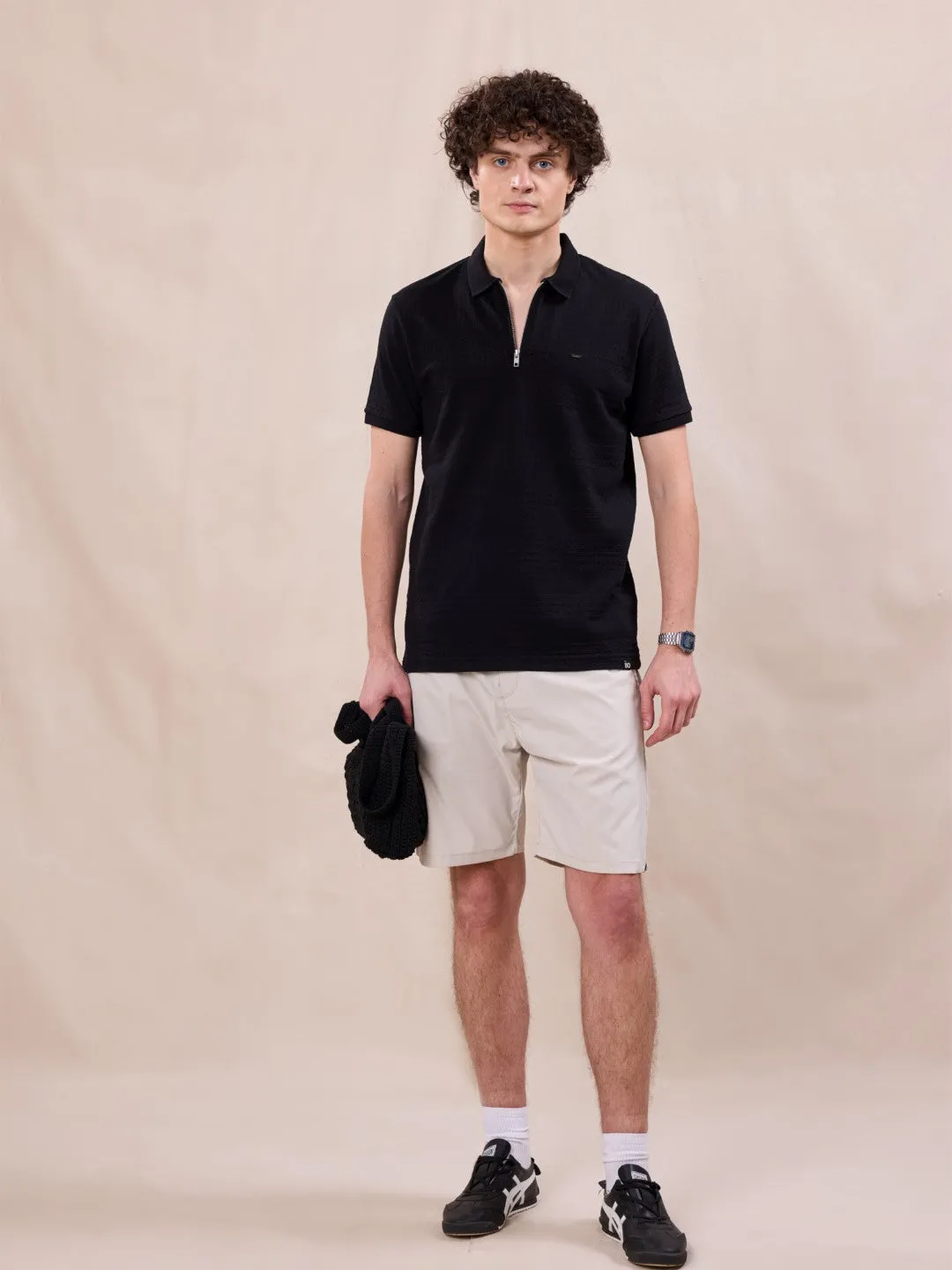 Black Plain Jacquard Polo T-Shirt