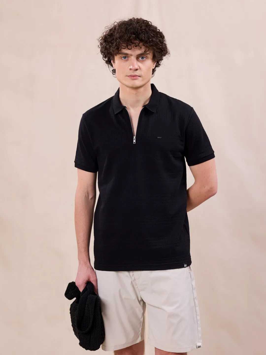 Black Plain Jacquard Polo T-Shirt