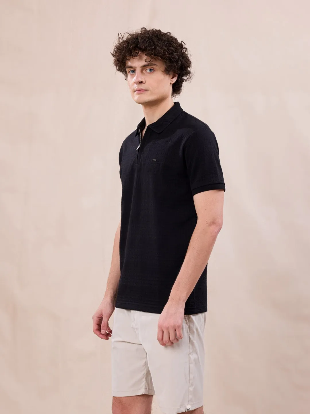 Black Plain Jacquard Polo T-Shirt