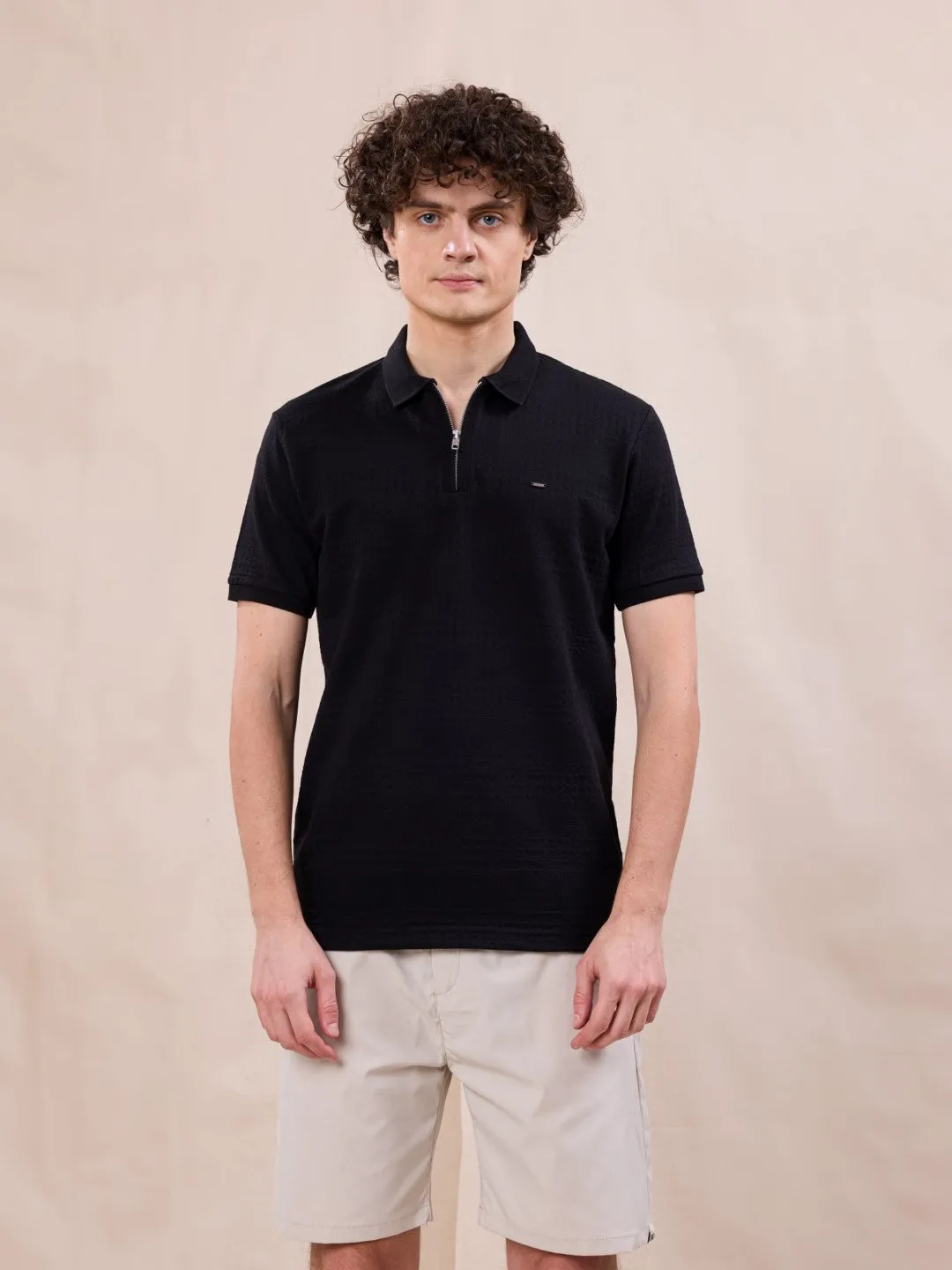 Black Plain Jacquard Polo T-Shirt