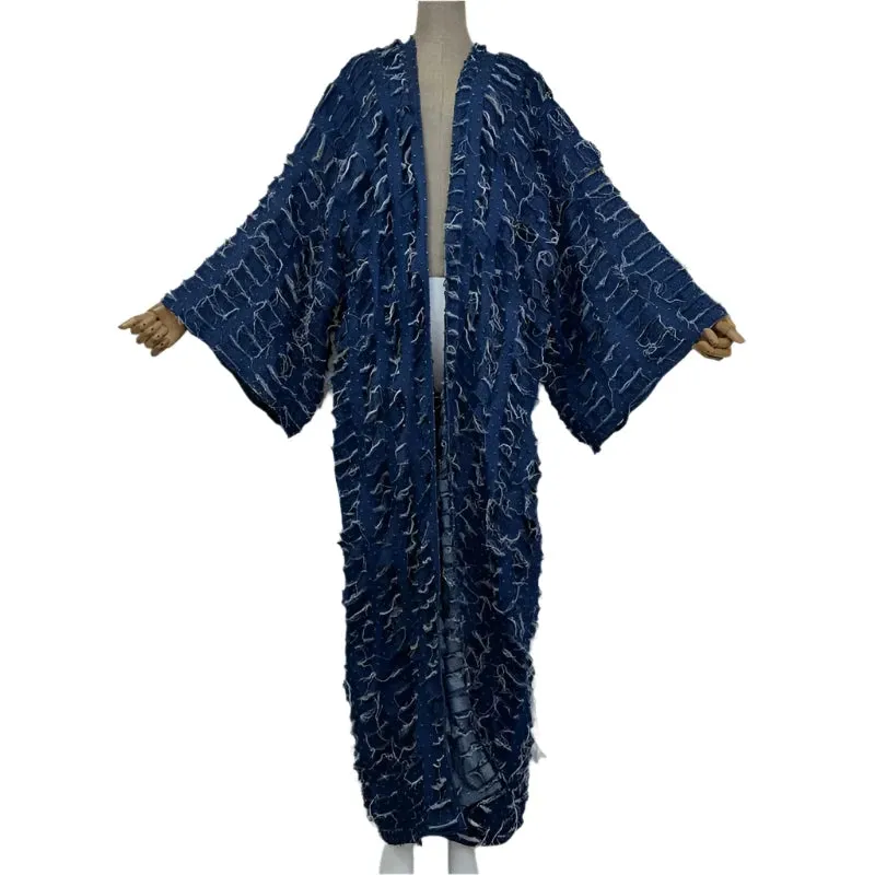 Blue Distressed Long Maxi Cardigan