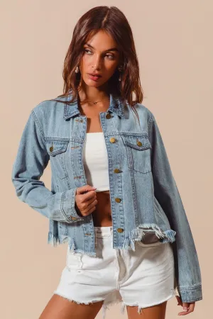 BUTTON DOWN DENIM JACKET WITH FRAYED HEM