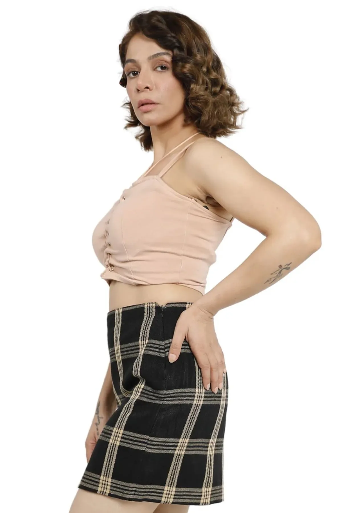 Classic Black & Beige Plaid Mini Skirt