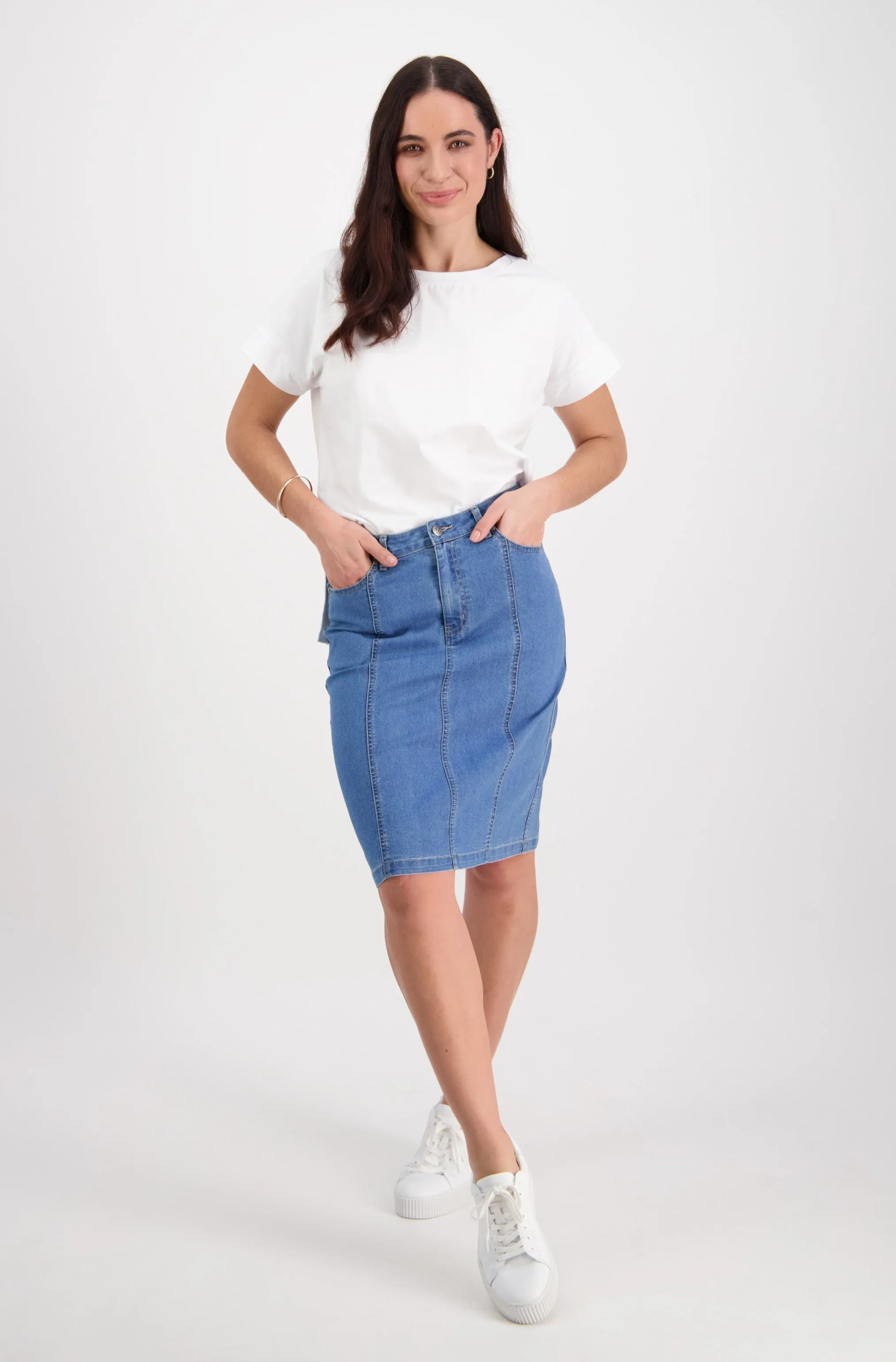 Contrast Stitch Denim Skirt - Light Denim