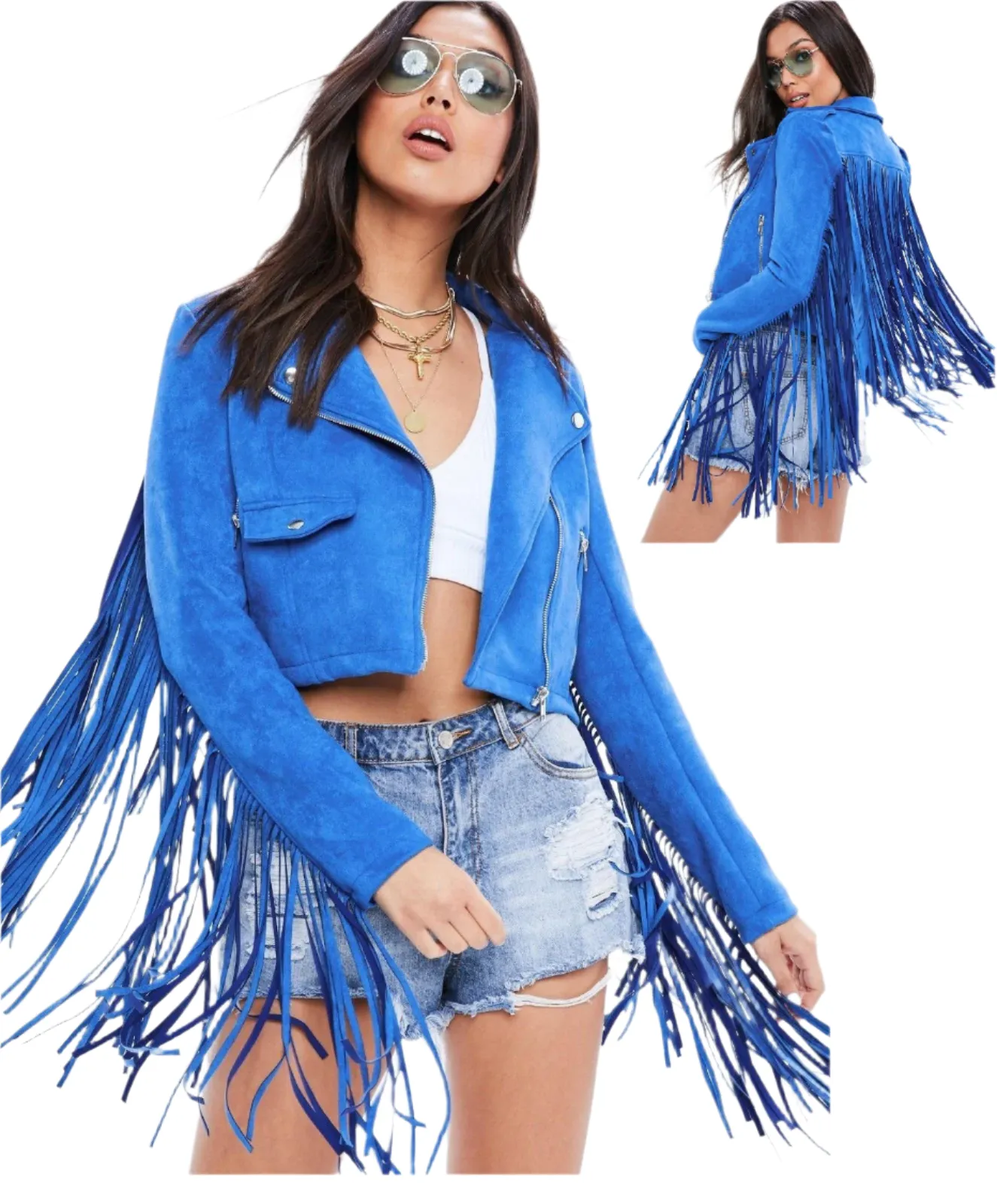 Cowgirl Western Fringe Blue Suede Leather Biker Jacket for Women LBJ316