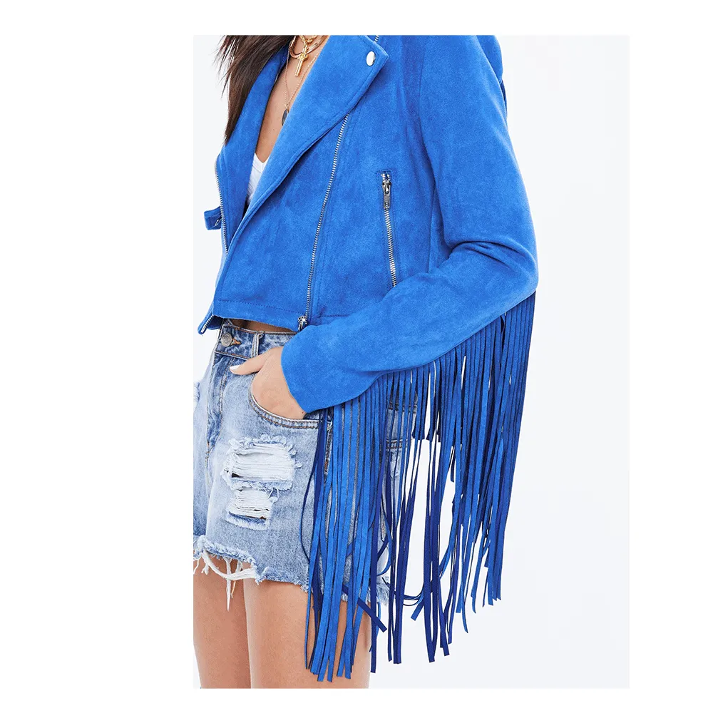 Cowgirl Western Fringe Blue Suede Leather Biker Jacket for Women LBJ316