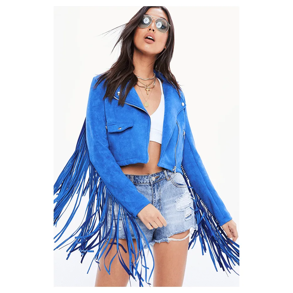 Cowgirl Western Fringe Blue Suede Leather Biker Jacket for Women LBJ316
