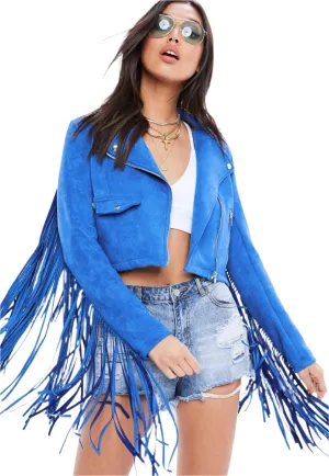 Cowgirl Western Fringe Blue Suede Leather Biker Jacket for Women LBJ316