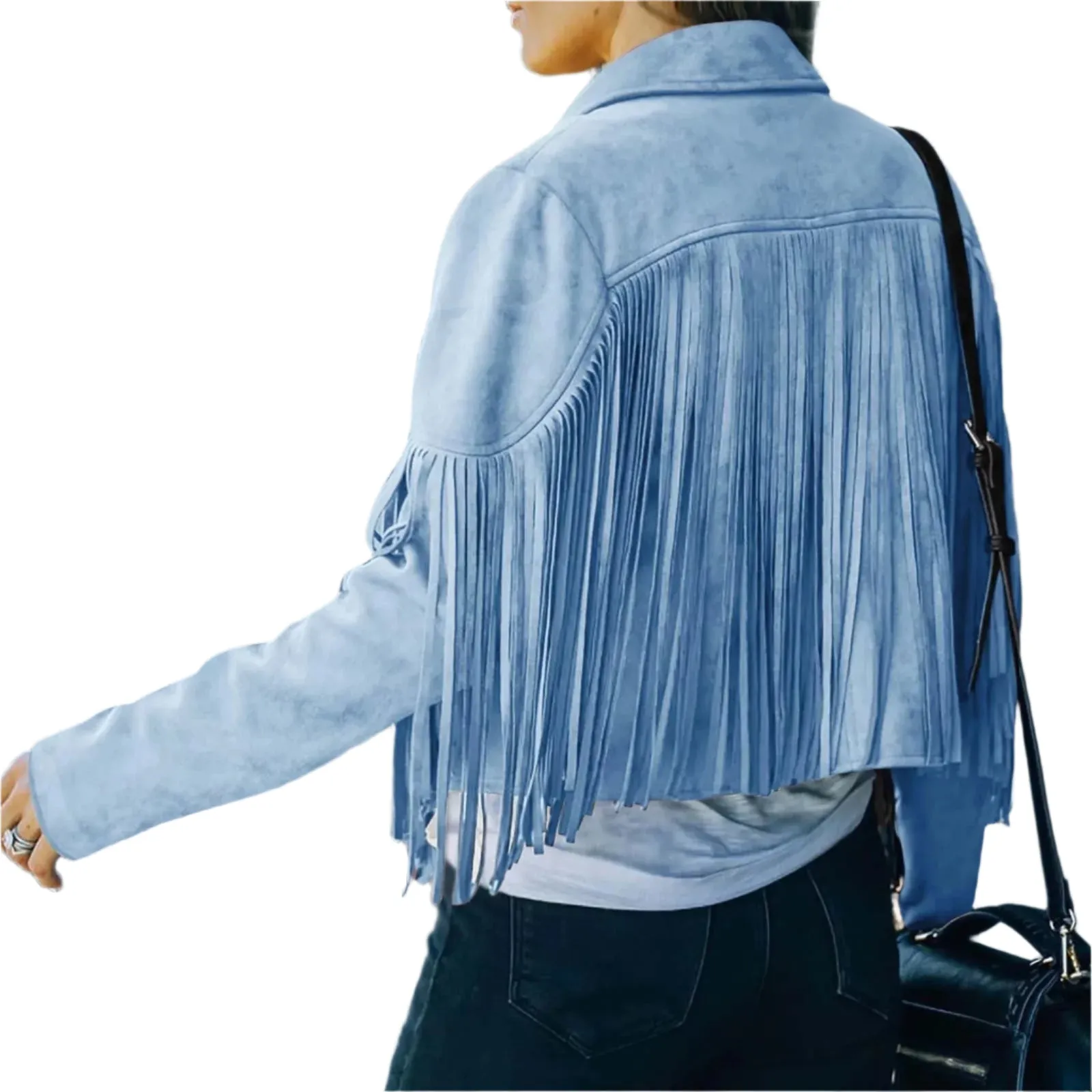 Cowgirl Western Fringe Light Blue Leather Jacket for Women LBJ304