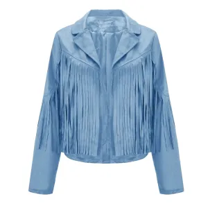 Cowgirl Western Fringe Light Blue Leather Jacket for Women LBJ304