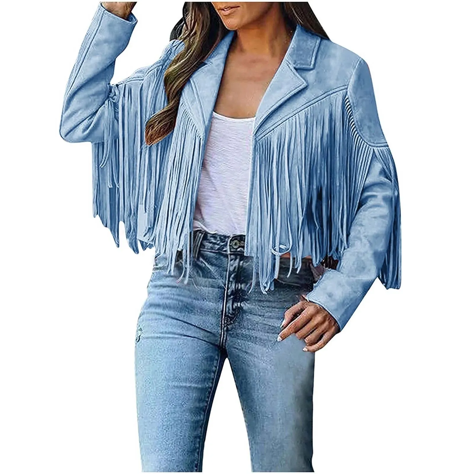 Cowgirl Western Fringe Light Blue Leather Jacket for Women LBJ304