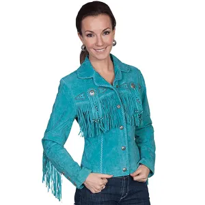 Cowgirl Western Fringe Turquoise Blue Suede Leather Jacket for Women LBJ311
