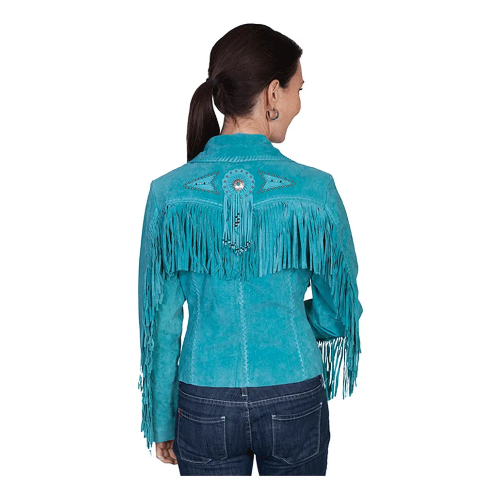 Cowgirl Western Fringe Turquoise Blue Suede Leather Jacket for Women LBJ311