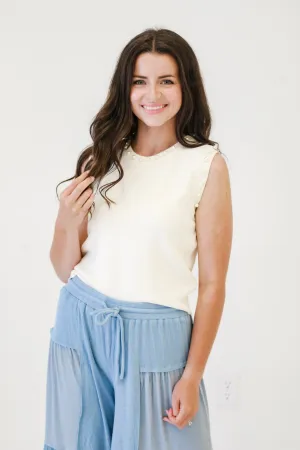 Cute Pearl Detail Sleeveless Top in Cream