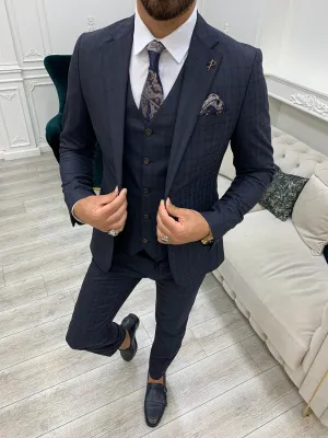 Dayton Navy Blue Slim Fit Notch Lapel Plaid Suit - Three-Piece Elegance