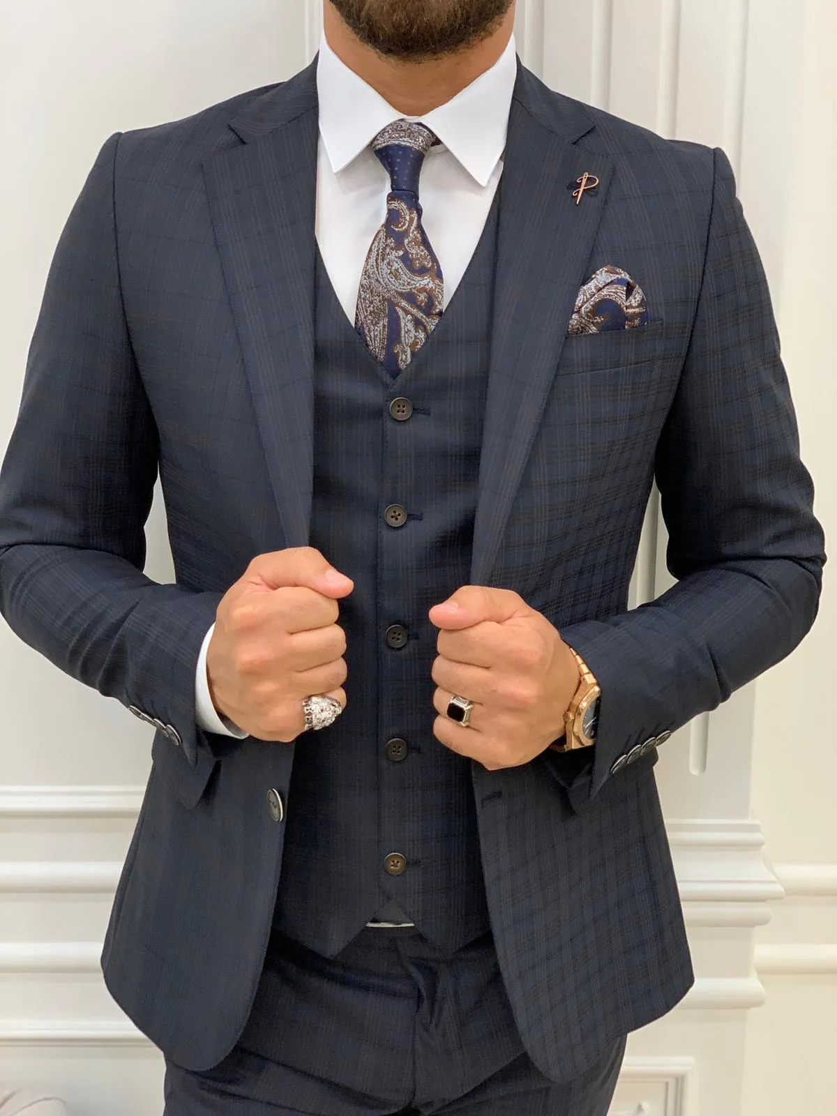 Dayton Navy Blue Slim Fit Notch Lapel Plaid Suit - Three-Piece Elegance
