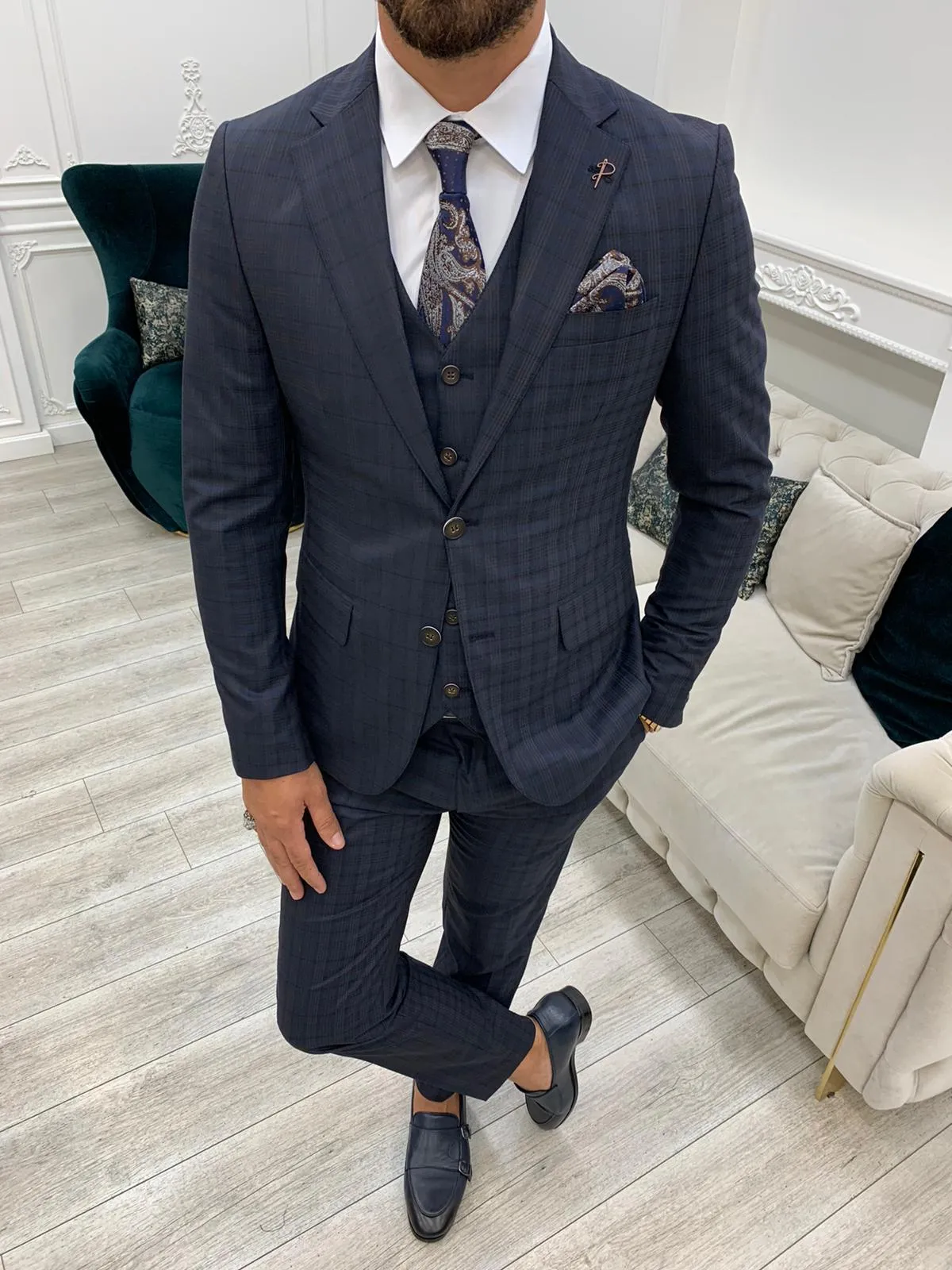 Dayton Navy Blue Slim Fit Notch Lapel Plaid Suit - Three-Piece Elegance