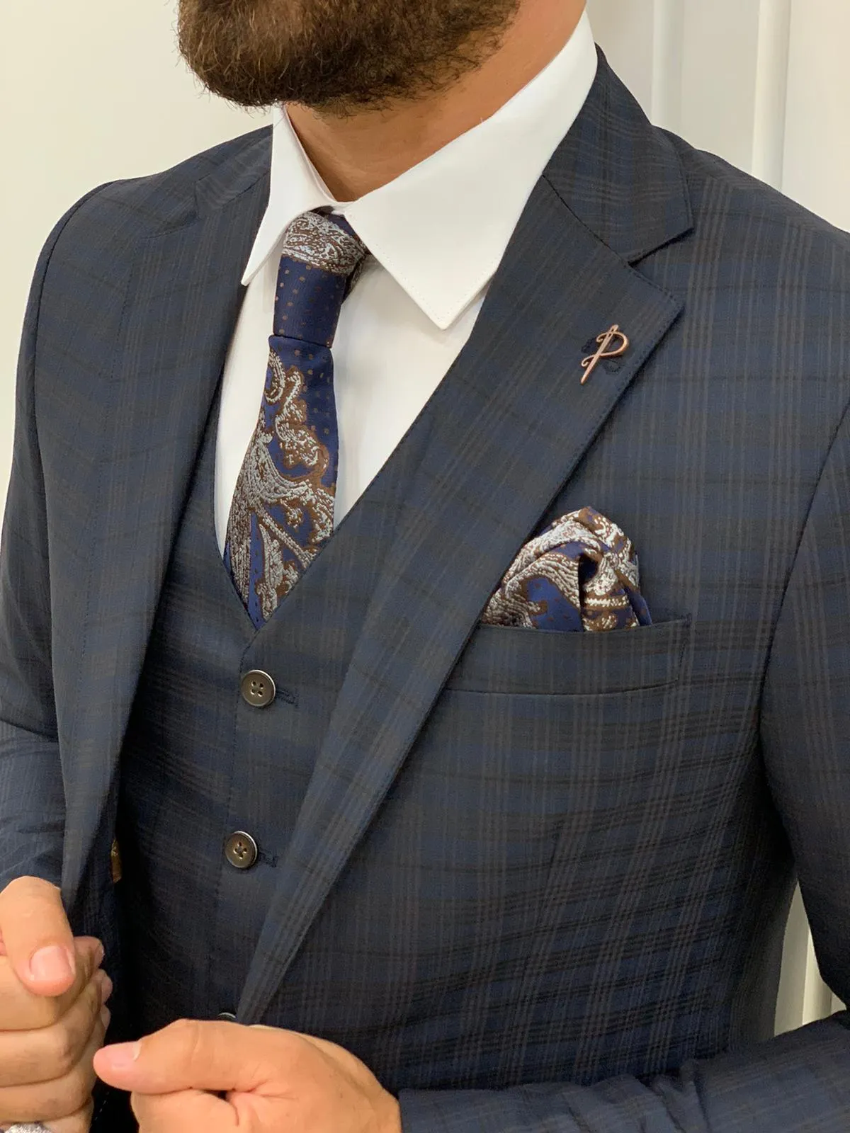 Dayton Navy Blue Slim Fit Notch Lapel Plaid Suit - Three-Piece Elegance