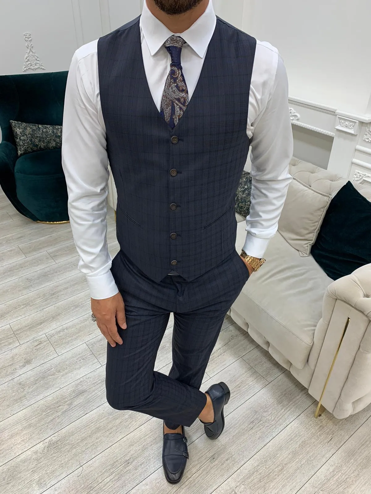 Dayton Navy Blue Slim Fit Notch Lapel Plaid Suit - Three-Piece Elegance