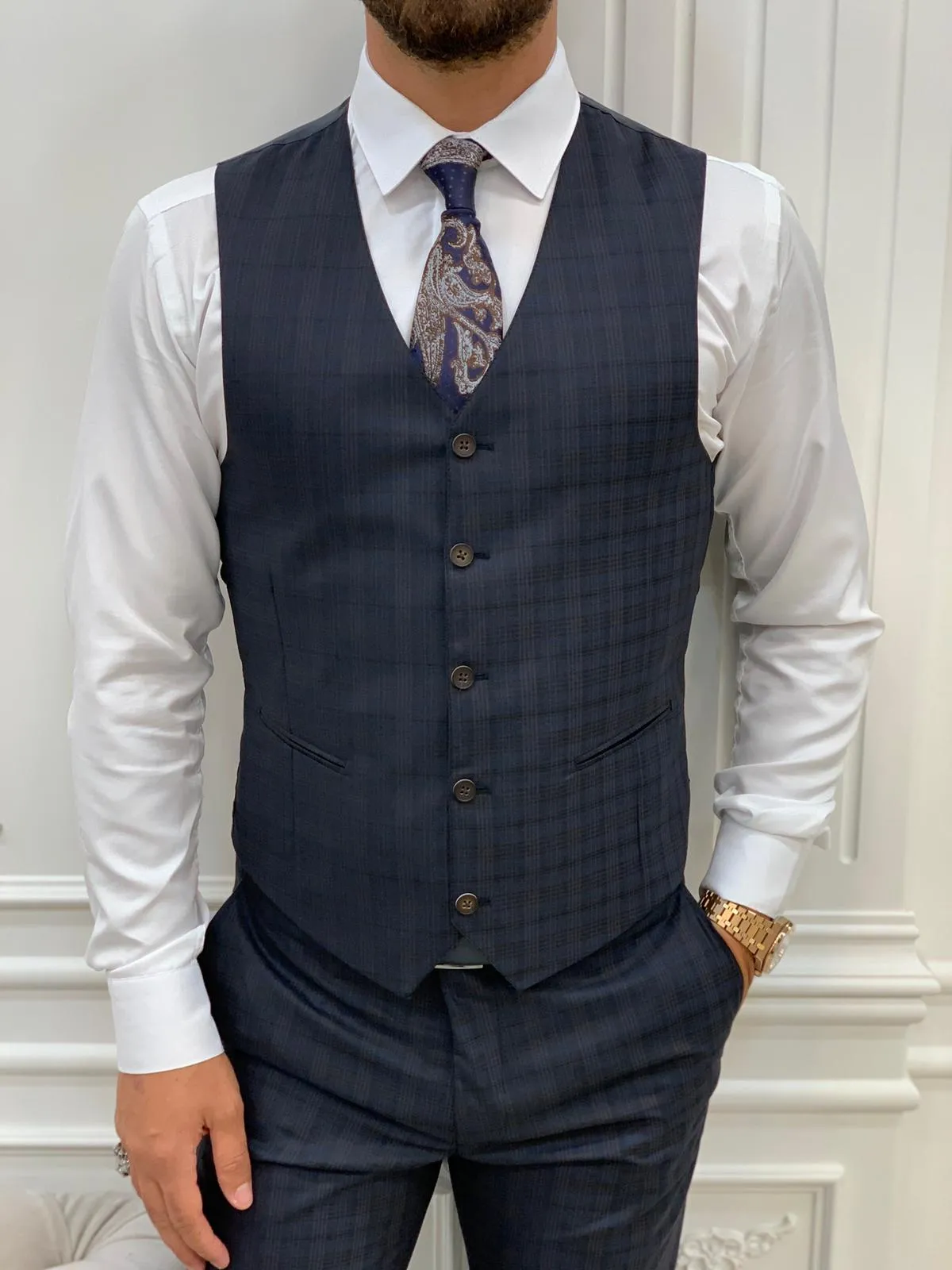 Dayton Navy Blue Slim Fit Notch Lapel Plaid Suit - Three-Piece Elegance