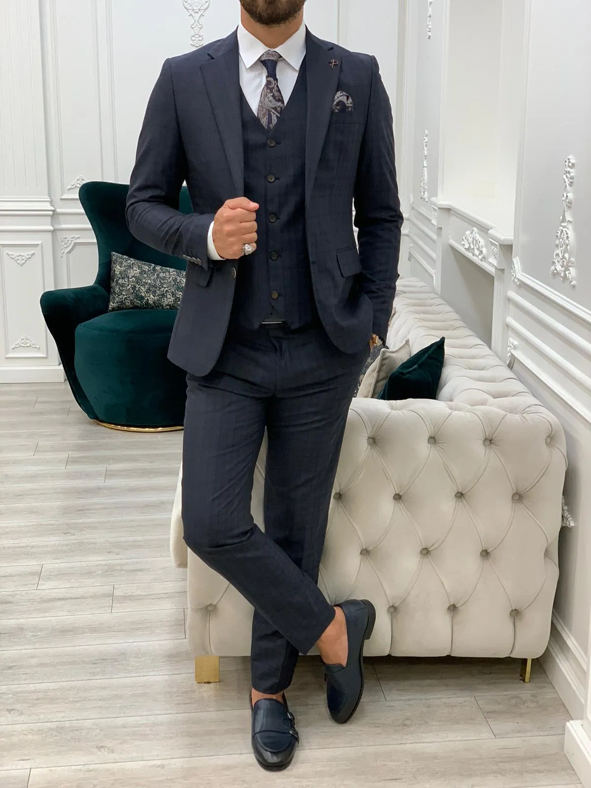 Dayton Navy Blue Slim Fit Notch Lapel Plaid Suit - Three-Piece Elegance