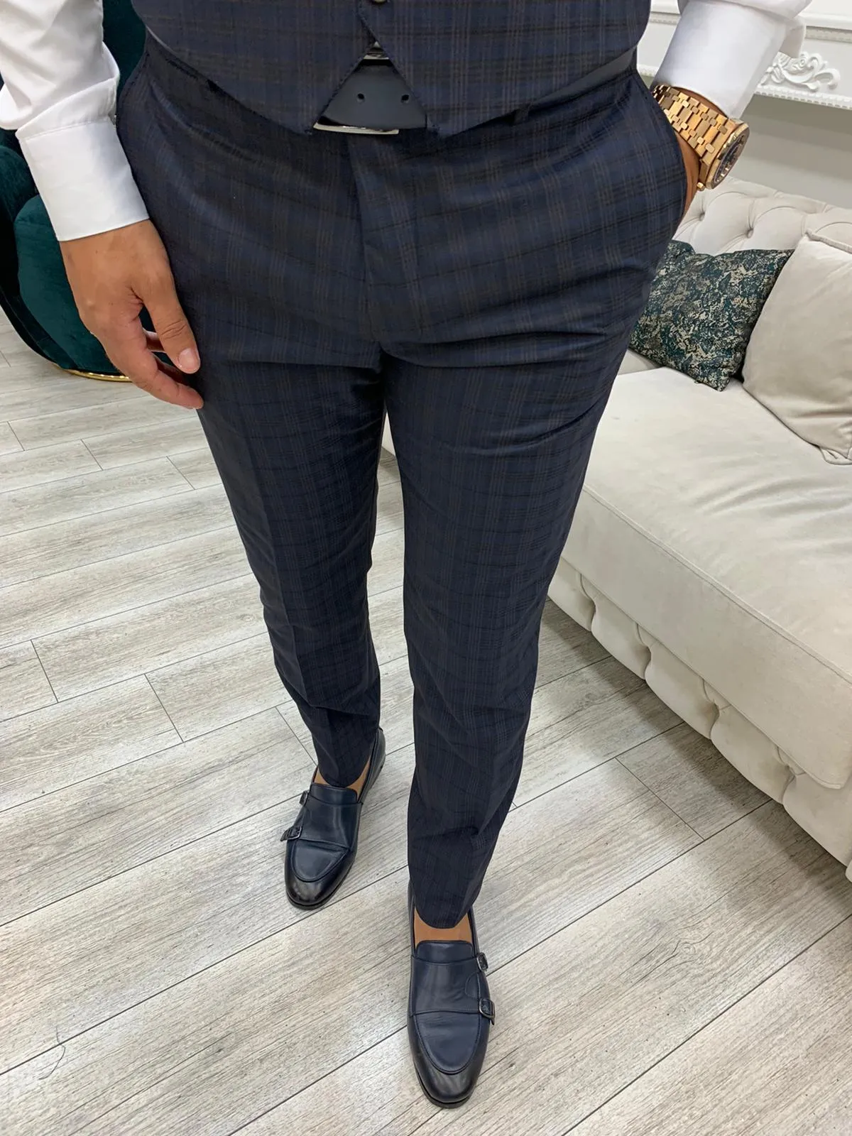 Dayton Navy Blue Slim Fit Notch Lapel Plaid Suit - Three-Piece Elegance