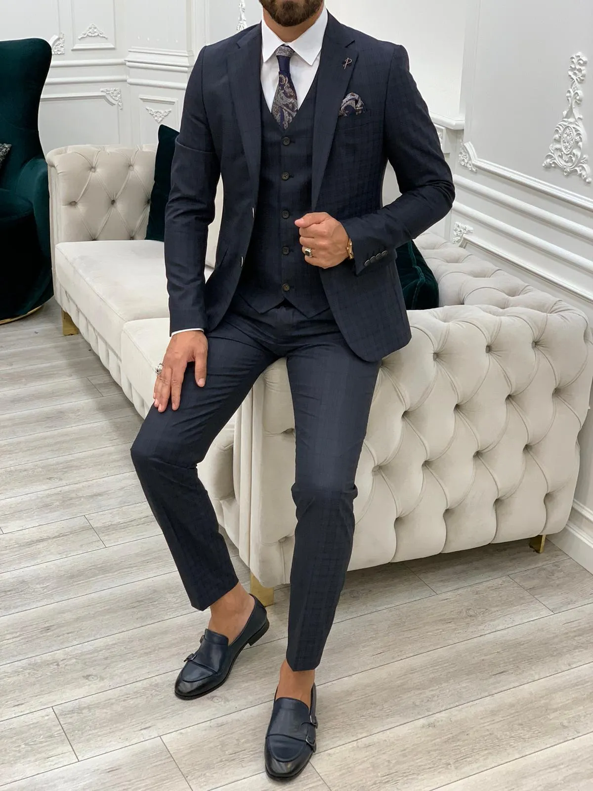 Dayton Navy Blue Slim Fit Notch Lapel Plaid Suit - Three-Piece Elegance